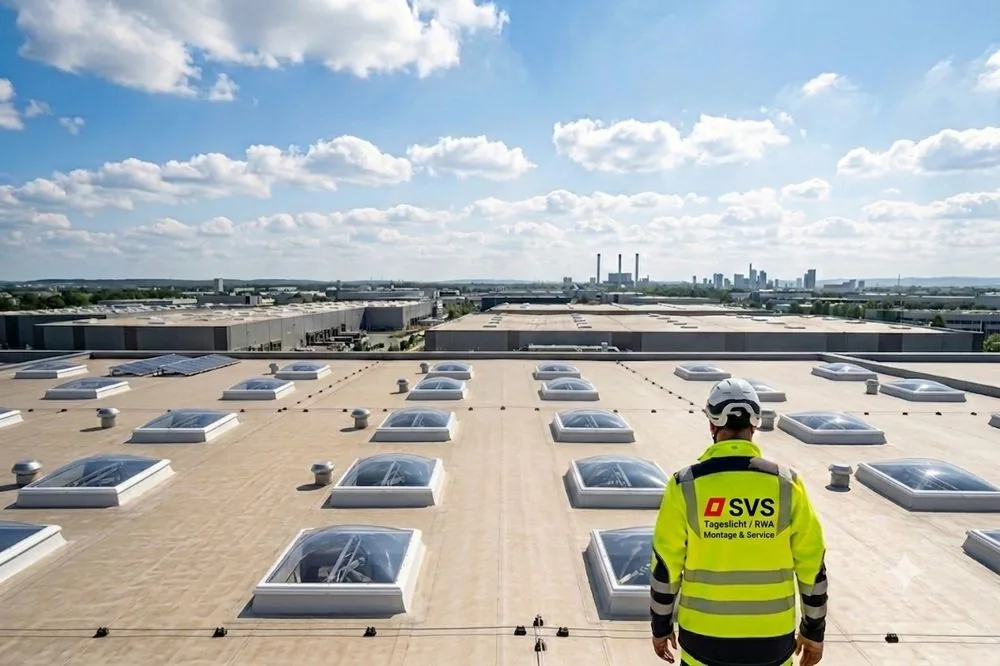SVS Monteur auf Industriedach mit Lichtkuppeln